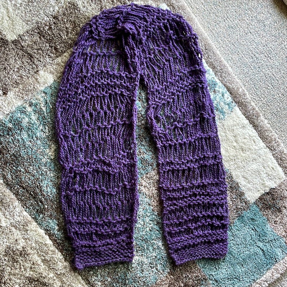 Scarf, wool, hand knit long, loose weave.